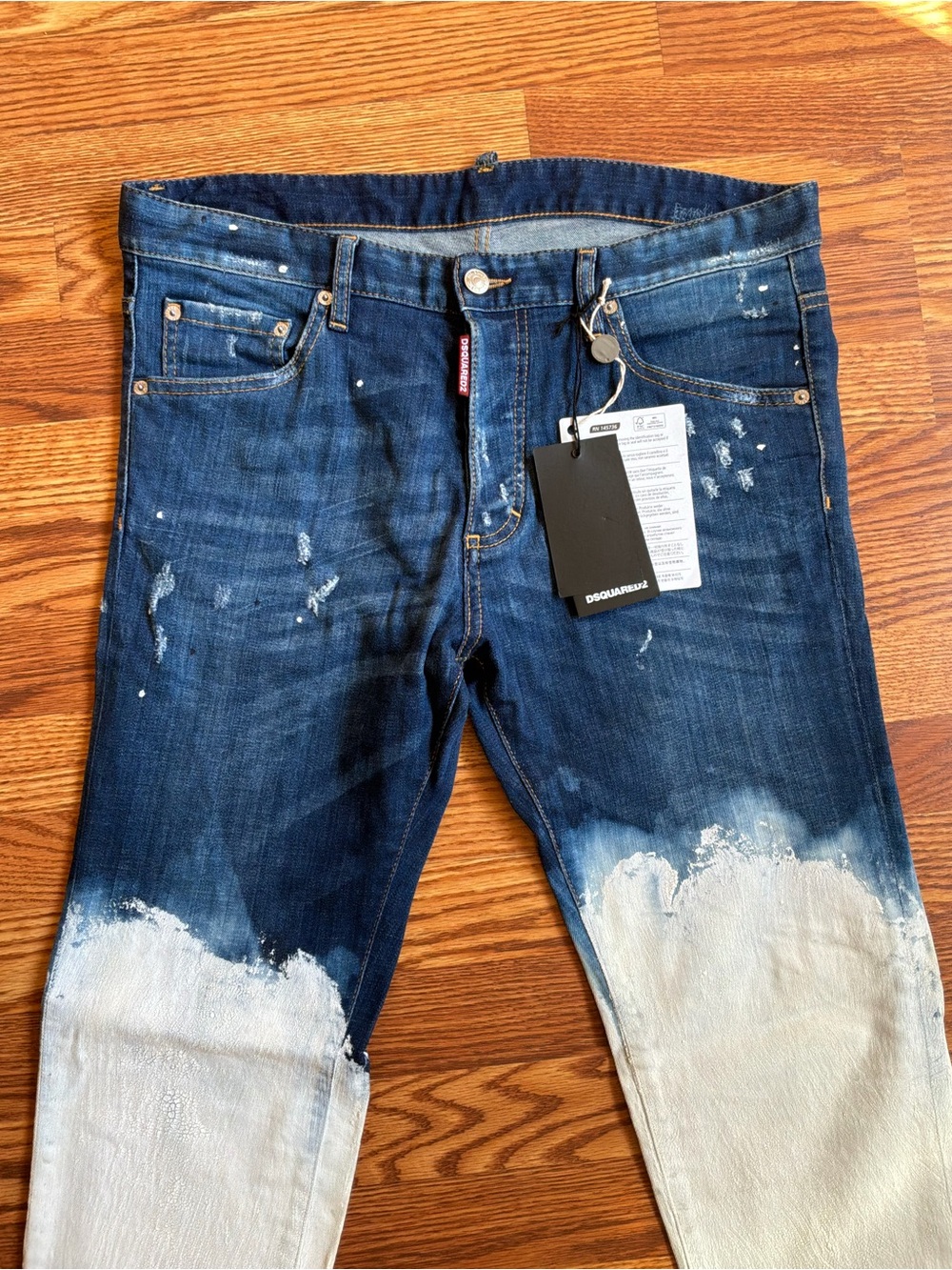 DSQUARED2 Men's white painted Dark Blue to Light Washed Slim Straight Jeans